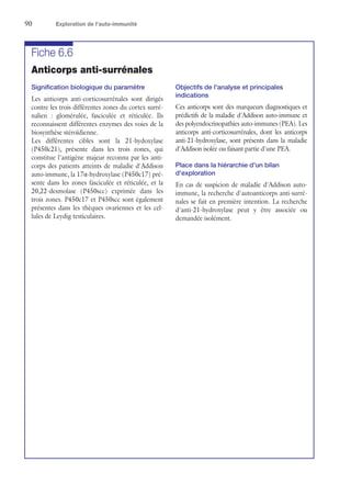 90	 Exploration de l’auto-immunité
Fiche 6.6
Anticorps anti-surrénales
Signification biologique du paramètre
Les anticorps anti-corticosurrénales sont dirigés
contre les trois différentes zones du cortex surré-
nalien : glomérulée, fasciculée et réticulée. Ils
reconnaissent différentes enzymes des voies de la
biosynthèse stéroïdienne.
Les différentes cibles sont la 21-hydoxylase
(P450c21), présente dans les trois zones, qui
constitue l'antigène majeur reconnu par les anti-
corps des patients atteints de maladie d'Addison
auto-immune, la 17α-hydroxylase (P450c17) pré-
sente dans les zones fasciculée et réticulée, et la
20,22-desmolase (P450scc) exprimée dans les
trois zones. P450c17 et P450scc sont également
présentes dans les thèques ovariennes et les cel-
lules de Leydig testiculaires.
Objectifs de l'analyse et principales
indications
Ces anticorps sont des marqueurs diagnostiques et
prédictifs de la maladie d'Addison auto-immune et
des polyendocrinopathies auto-immunes (PEA). Les
anticorps anti-corticosurrénales, dont les anticorps
anti-21-hydroxylase, sont présents dans la maladie
d'Addison isolée ou faisant partie d'une PEA.
Place dans la hiérarchie d'un bilan
d'exploration
En cas de suspicion de maladie d'Addison auto-
immune, la recherche d'autoanticorps anti-surré-
nales se fait en première intention. La recherche
d'anti-21-hydroxylase peut y être associée ou
demandée isolément.
 