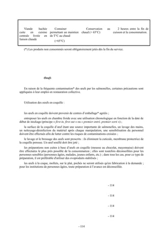 Viande hachée 
cuite en cuisine 
centrale livrée en 
liaison chaude 
Container 
permettant un maintien 
de T°C au chaud 
(+65°C) 
Conservation au 
chaud (+ 65°C) 
2 heures entre la fin de 
cuisson et la consommation. 
(*) Les produits non consommés seront obligatoirement jetés dès la fin du service. 
Oeufs 
En raison de la fréquente contamination* des oeufs par les salmonelles, certaines précautions sont 
appliquées à leur emploi en restauration collective. 
Utilisation des oeufs en coquille : 
les oeufs en coquille doivent provenir de centres d’emballage* agréés ; 
entreposer les oeufs en chambre froide avec une utilisation chronologique en fonction de la date de 
début de stockage (principe « first in, first out » ou « premier entré, premier sorti ») ; 
la surface de la coquille d’oeuf étant une source importante de salmonelles, un lavage des mains, 
un nettoyage-désinfection du matériel après chaque manipulation, une sensibilisation du personnel 
doivent être effectués afin de lutter contre les risques de contaminations croisées ; 
le lavage et le brossage des oeufs sont proscrits : ils éliminent la cuticule, membrane protectrice de 
la coquille poreuse. Un oeuf souillé doit être jeté ; 
les préparations non cuites à base d’oeufs en coquille (mousse au chocolat, mayonnaise) doivent 
être effectuées le plus près possible de la consommation ; elles sont toutefois déconseillées pour les 
personnes sensibles (personnes âgées, malades, jeunes enfants, etc.) ; dans tous les cas, pour ce type de 
préparation, il est préférable d'utiliser des ovoproduits stabilisés ; 
les oeufs à la coque, mollets, sur le plat, pochés ne seront utilisés qu'en fabrication à la demande ; 
pour les institutions de personnes âgées, toute préparation à l’avance est déconseillée. 
- 114 
- 114 
- 114 
- 114 
- 114 
 