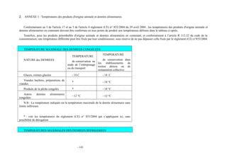 2. ANNEXE 1 : Températures des produits d'origine animale et denrées alimentaires 
Conformément au 3 de l'article 17 et au 3 de l'article 4 réglement (CE) n° 852/2004 du 29 avril 2004 , les températures des produits d'origine animale et 
denrées alimentaires en contenant doivent être conformes en tous points du produit aux températures définies dans le tableau ci-après, 
Toutefois, pour les produits préemballés d'origine animale et denrées alimentaires en contenant, et conformément à l’article R 112-22 du code de la 
consommation, une température différente peut être fixée par leur conditionneur, sous réserve de ne pas dépasser celle fixée par le règlement (CE) n°853/2004. 
TEMPERATURE MAXIMALE DES DENREES CONGELEES 
NATURE des DENREES 
TEMPERATURE 
de conservation au 
stade de l’entreposage 
ou du transport 
TEMPERATURE 
de conservation dans 
les établissements de 
remise directe ou de 
restauration collective 
Glaces, crèmes glacées - 18 C - 18 C 
Viandes hachées, préparations de 
viandes * - 18 °C 
Produits de la pêche congelés * - 18 °C 
Autres denrées alimentaires 
congelées - 12 °C - 12 °C 
N.B : La température indiquée est la température maximale de la denrée alimentaire sans 
limite inférieure. 
* : voir les températures du règlement (CE) n° 853/2004 qui s’appliquent ici, sans 
possibilité de dérogation 
TEMPERATURES MAXIMALES DES DENREES REFRIGEREES 
- 141 
 