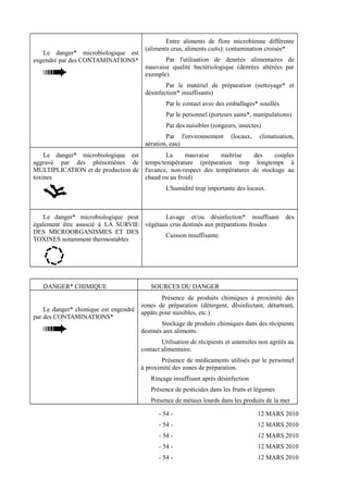 Le danger* microbiologique est 
engendré par des CONTAMINATIONS* 
Entre aliments de flore microbienne différente 
(aliments crus, aliments cuits): contamination croisée* 
Par l'utilisation de denrées alimentaires de 
mauvaise qualité bactériologique (denrées altérées par 
exemple) 
Par le matériel de préparation (nettoyage* et 
désinfection* insuffisants) 
Par le contact avec des emballages* souillés 
Par le personnel (porteurs sains*, manipulations) 
Par des nuisibles (rongeurs, insectes) 
Par l'environnement (locaux, climatisation, 
aération, eau) 
Le danger* microbiologique est 
aggravé par des phénomènes de 
MULTIPLICATION et de production de 
toxines 
La mauvaise maîtrise des couples 
temps/température (préparation trop longtemps à 
l'avance, non-respect des températures de stockage au 
chaud ou au froid) 
L'humidité trop importante des locaux. 
Le danger* microbiologique peut 
également être associé à LA SURVIE 
DES MICROORGANISMES ET DES 
TOXINES notamment thermostables 
Lavage et/ou désinfection* insuffisant des 
végétaux crus destinés aux préparations froides 
Cuisson insuffisante. 
DANGER* CHIMIQUE SOURCES DU DANGER 
Le danger* chimique est engendré 
par des CONTAMINATIONS* 
Présence de produits chimiques à proximité des 
zones de préparation (détergent, désinfectant, détartrant, 
appâts pour nuisibles, etc.) 
Stockage de produits chimiques dans des récipients 
destinés aux aliments. 
Utilisation de récipients et ustensiles non agréés au 
contact alimentaire. 
Présence de médicaments utilisés par le personnel 
à proximité des zones de préparation. 
Rinçage insuffisant après désinfection 
Présence de pesticides dans les fruits et légumes 
Présence de métaux lourds dans les produits de la mer 
- 54 - 12 MARS 2010 
- 54 - 12 MARS 2010 
- 54 - 12 MARS 2010 
- 54 - 12 MARS 2010 
- 54 - 12 MARS 2010 
 