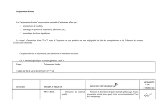 Préparations froides 
Les "préparations froides" recouvrent un ensemble d’opérations telles que : 
 préparations de crudités, 
 tranchage ou portion de charcuterie, pâtisseries, etc., 
 assemblage de divers ingrédients. 
Le risque* d'apparition d'une TIAC* suite à l’ingestion de ces produits est non négligeable du fait des manipulations et de l’absence de cuisson 
assainissante ultérieure. 
Cas particulier de la mayonnaise, des pâtisseries ou entremets non cuits : 
Cf. « Mesures spécifiques à certains produits : oeufs » 
Etape : Préparations froides 
TABLEAU DES MESURES PREVENTIVES 
DANGER POINTS A RISQUES MESURES PREVENTIVES P MODALITE 
S DE 
CONTROLE 
MATÉRIEL Utilisation de matériel 
souillé 
Nettoyer et désinfecter le petit matériel après usage. Toutes 
précautions seront prises pour éviter sa recontamination* lors 
de l’entreposage. 
 