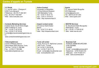 Centre d’appels en Tunisie 3 C Etude 11, rue de l’usine – Charguia II 2035 Tunis Aéroport Téléphone : 00 216 71 942 001 Fax : 00 216 71 942 867 Web : www.3cetudes.com Active Contact Immeuble Le Belvédère 13 Rue Edmond Rostand 1002 Belvédère Tunis. Tél.: +216 71 79 41 74 Fax : +216 71 78 34 27 Web : http://activecontact.fr Ayaris 73, avenue Habib Bouguiba 2010 Manouba [email_address] Tél : 00216 24 441 000 Web : www.ayaris.com Contacts Marketing Services Colisée Soula, Esc B 2ème Etage, 2092- El Manar II- Tunis Tél. : (+216) 71 87 22 43 Fax : (+216) 71 87 24 04 [email_address] www.contactsmarketingservices.com Impact contact center 34 avenue Hedi Chaker Bardo Tel : +216 71 51 44 43 Web : http://impactcontact.com/ NEOTIS Services 52, Boulevard Habib Bourguiba 2000 Bardo / Tunis tel :+ 33 (0) 1 77 69 50 93 Web : www.neo-tis.com Télécompétences Centre d'Affaires Adecco 2éme étage 2045 l'Aouina- Tunis Tél.Fixe : (+216) 71 760 966 Fax. : (+216) 71 760 989 www.telecompetences.com Tunis call center 16 bis, Rue du Dr. Alphonse Laveran, 1002 Tunis - Tunisie Tel: (+216) 71 84 29 86 Fax : (+216) 71 84 31 10 Email : contact@tuniscallcenter.com web : tuniscallcenter.com Business Call AVENUE HABIB BOURGUIBA 4180 DJERBA TUNISIE E-mail : contact@businesscall.fr Téléphone : +216 75 623 310 Télécopie : +216 75 623 311 Web : www.businesscall.fr www.vente-expert.com  