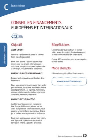 Guide des financements à l’international 20
Bénéficiaires
Entreprises de tous secteurs et toutes
tailles ayant des projets de développement
à l’international quelle que soit la zone.
Plus de 450 entreprises sont accompagnées
chaque année.
Mode d’emploi
Information auprès d’ERAI Financements.
Objectif
AIDES EXPORT
Identifier rapidement les aides et subven-
tions export disponibles
Nous vous aidons à obtenir des finance-
ments pour vos projets internationaux :
actions de prospection export, implantation
à l’étranger, recrutement de personnel…
MARCHÉS PUBLICS INTERNATIONAUX
Prospecter les pays émergents et en déve-
loppement.
Nous vous apportons notre expertise : veille
personnalisée, assistance au référencement,
accompagnement à la réponse, formations,
mise en relation avec les bailleurs de fonds,
acheteurs publics et partenaires.
FINANCEMENTS EUROPÉENS
Accéder aux financements européens.
Une équipe dédiée vous oriente sur les
aides européennes selon vos besoins, vous
apporte une assistance au montage de pro-
jet et recherche vos partenaires en Europe.
Pour vous accompagner sur ces trois volets,
une équipe de 6 personnes est à votre
service en Rhône-Alpes et à Bruxelles.
C Soutien indirect
CONSEIL EN FINANCEMENTS
EUROPéENS ET INTERNATIONAUX
www.erai.org/ Financements
S’informer/seformer
 