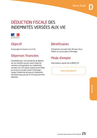 Guide des financements à l’international 25
Mesure fiscale
Recruter
D
Objectif
Encourager le recours à un V.I.E.
Dépenses financées
Possibilité pour une entreprise de déduire
de son résultat courant avant impôt les
sommes correspondant aux indemnités
versées aux V.I.E placés auprès d’une filiale
ou d’une succursale située à l’étranger.
Seules l’indemnité de base et l’indemnité
forfaitaire perçues par le V.I.E peuvent être
déduites.
DéDUCTION FISCALE DES
INDEMNITéS VERSéES AUX VIE
www.impot.gouv.fr
Bénéficiaires
Entreprises recrutant des VIE pour leurs
filiales ou succursales à l’étranger.
Mode d’emploi
Informations auprès de la DIRECCTE.
 