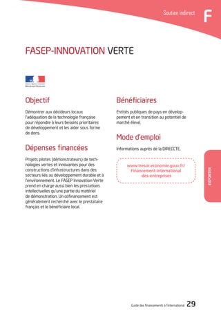 Guide des financements à l’international 29
FSoutien indirect
Exporter
Objectif
Démontrer aux décideurs locaux
l’adéquation de la technologie française
pour répondre à leurs besoins prioritaires
de développement et les aider sous forme
de dons.
Dépenses financées
Projets pilotes (démonstrateurs) de tech-
nologies vertes et innovantes pour des
constructions d’infrastructures dans des
secteurs liés au développement durable et à
l’environnement. Le FASEP Innovation Verte
prend en charge aussi bien les prestations
intellectuelles qu’une partie du matériel
de démonstration. Un cofinancement est
généralement recherché avec le prestataire
français et le bénéficiaire local.
FASEP-Innovation verte
Bénéficiaires
Entités publiques de pays en dévelop-
pement et en transition au potentiel de
marché élevé.
Mode d’emploi
Informations auprès de la DIRECCTE.
www.tresor.economie.gouv.fr/
Financement-international
-des-entreprises
 
