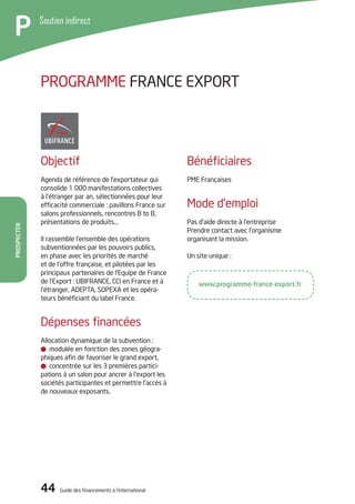 44 Guide des financements à l’international
Prospecter
P Soutien indirect
Bénéficiaires
PME Françaises
Mode d’emploi
Pas d’aide directe à l’entreprise
Prendre contact avec l’organisme
organisant la mission.
Un site unique :
Objectif
Agenda de référence de l’exportateur qui
consolide 1 000 manifestations collectives
à l’étranger par an, sélectionnées pour leur
efficacité commerciale : pavillons France sur
salons professionnels, rencontres B to B,
présentations de produits…
Il rassemble l’ensemble des opérations
subventionnées par les pouvoirs publics,
en phase avec les priorités de marché
et de l’offre française, et pilotées par les
principaux partenaires de l’Equipe de France
de l’Export : UBIFRANCE, CCI en France et à
l’étranger, ADEPTA, SOPEXA et les opéra-
teurs bénéficiant du label France.
Dépenses financées
Allocation dynamique de la subvention :
modulée en fonction des zones géogra-
phiques afin de favoriser le grand export,
concentrée sur les 3 premières partici-
pations à un salon pour ancrer à l’export les
sociétés participantes et permettre l’accès à
de nouveaux exposants.
PROGRAMME FRANCE EXPORT
www.programme-france-export.fr
 