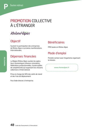 48 Guide des financements à l’international
Prospecter
P Soutien indirect
Bénéficiaires
PME basée en Rhône-Alpes
Mode d’emploi
Prendre contact avec l’organisme organisant
la mission.
Objectif
Soutenir la participation des entreprises
de Rhône-Alpes à certaines manifestations
internationales.
Dépenses financées
La Région Rhône-Alpes soutien les opéra-
teurs économiques (réseaux consulaires,
fédérations professionnelles, clusters/pôles
de compétitivité) qui organisent les missions
collectives à l’international.
Prise en charge de 40% des coûts de stand
et des frais de déplacement.
Pas d’aide directe à l’entreprise.
PROMOTION COLLECTIVE
À L’ÉTRANGER
www.rhonealpes.fr
 