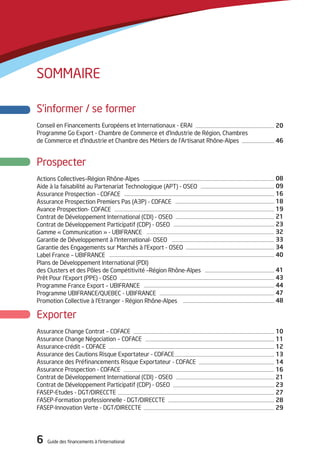6 Guide des financements à l’international6 Guide des financements à l’international
Carnet d’adresses
S’informer / se former
Conseil en Financements Européens et Internationaux - ERAI
Programme Go Export - Chambre de Commerce et d’Industrie de Région, Chambres
de Commerce et d’Industrie et Chambre des Métiers de l’Artisanat Rhône-Alpes
Prospecter
Actions Collectives–Région Rhône-Alpes
Aide à la faisabilité au Partenariat Technologique (APT) - OSEO
Assurance Prospection - COFACE
Assurance Prospection Premiers Pas (A3P) - COFACE
Avance Prospection- COFACE
Contrat de Développement International (CDI) - OSEO
Contrat de Développement Participatif (CDP) - OSEO
Gamme « Communication » - UBIFRANCE
Garantie de Développement à l’International- OSEO
Garantie des Engagements sur Marchés à l’Export - OSEO
Label France – UBIFRANCE
Plans de Développement International (PDI)
des Clusters et des Pôles de Compétitivité –Région Rhône-Alpes
Prêt Pour l’Export (PPE) - OSEO
Programme France Export – UBIFRANCE
Programme UBIFRANCE/QUEBEC - UBIFRANCE
Promotion Collective à l’Etranger - Région Rhône-Alpes
Exporter
Assurance Change Contrat – COFACE
Assurance Change Négociation – COFACE
Assurance-crédit – COFACE
Assurance des Cautions Risque Exportateur - COFACE
Assurance des Préfinancements Risque Exportateur - COFACE
Assurance Prospection - COFACE
Contrat de Développement International (CDI) - OSEO
Contrat de Développement Participatif (CDP) - OSEO
FASEP-Etudes - DGT/DIRECCTE
FASEP-Formation professionnelle - DGT/DIRECCTE
FASEP-Innovation Verte - DGT/DIRECCTE
Sommaire
08
09
16
18
19
21
23
32
33
34
40
41
43
44
47
48
10
11
12
13
14
16
21
23
27
28
29
20
46
 