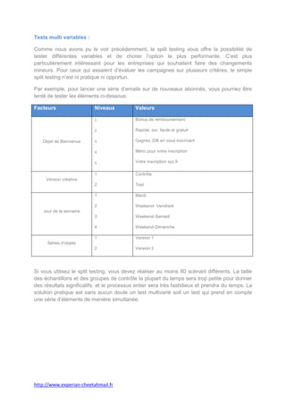 Tests multi variables :

Comme nous avons pu le voir précédemment, le split testing vous offre la possibilité de
tester différentes variables et de choisir l’option la plus performante. C’est plus
particulièrement intéressant pour les entreprises qui souhaitent faire des changements
mineurs. Pour ceux qui essaient d’évaluer les campagnes sur plusieurs critères, le simple
split testing n’est ni pratique ni opportun.

Par exemple, pour lancer une série d’emails sur de nouveaux abonnés, vous pourriez être
tenté de tester les éléments ci-dessous:

Facteurs                  Niveaux            Valeurs

                          1                  Bonus de remboursement

                          2                  Rapide, sur, facile et gratuit

   Objet de Bienvenue     3                  Gagnez 20€ en vous inscrivant

                          4                  Merci pour votre inscription

                          5                  Votre inscription xyz.fr

                          1                  Contrôle
     Version créative
                          2                  Test

                          1                  Mardi

                          2                  Weekend- Vendredi
    Jour de la semaine
                          3                  Weekend-Samedi

                          4                  Weekend-Dimanche

                          1                  Version 1
      Séries d’objets
                          2                  Version 2




Si vous utilisez le split testing, vous devez réaliser au moins 80 scénarii différents. La taille
des échantillons et des groupes de contrôle la plupart du temps sera trop petite pour donner
des résultats significatifs, et le processus entier sera très fastidieux et prendra du temps. La
solution pratique est sans aucun doute un test multivarié soit un test qui prend en compte
une série d’éléments de manière simultanée.




http://www.experian-cheetahmail.fr
 
