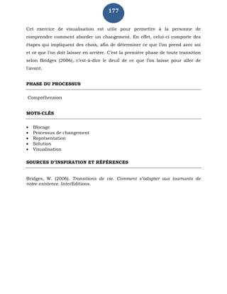 177
Cet exercice de visualisation est utile pour permettre à la personne de
comprendre comment aborder un changement. En effet, celui-ci comporte des
étapes qui impliquent des choix, afin de déterminer ce que l’on prend avec soi
et ce que l’on doit laisser en arrière. C’est la première phase de toute transition
selon Bridges (2006), c’est-à-dire le deuil de ce que l’on laisse pour aller de
l’avant.
PHASE DU PROCESSUS
Compréhension
MOTS-CLÉS
 Blocage
 Processus de changement
 Représentation
 Solution
 Visualisation
SOURCES D’INSPIRATION ET RÉFÉRENCES
Bridges, W. (2006). Transitions de vie. Comment s’adapter aux tournants de
notre existence. InterEditions.
 