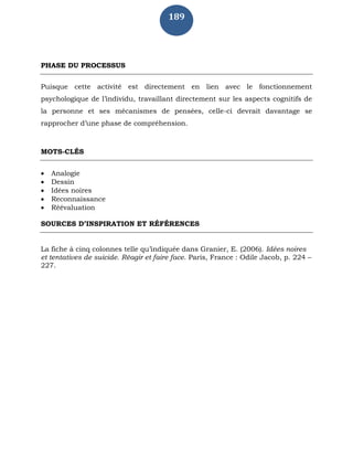 189
PHASE DU PROCESSUS
Puisque cette activité est directement en lien avec le fonctionnement
psychologique de l’individu, travaillant directement sur les aspects cognitifs de
la personne et ses mécanismes de pensées, celle-ci devrait davantage se
rapprocher d’une phase de compréhension.
MOTS-CLÉS
 Analogie
 Dessin
 Idées noires
 Reconnaissance
 Réévaluation
SOURCES D’INSPIRATION ET RÉFÉRENCES
La fiche à cinq colonnes telle qu’indiquée dans Granier, E. (2006). Idées noires
et tentatives de suicide. Réagir et faire face. Paris, France : Odile Jacob, p. 224 –
227.
 