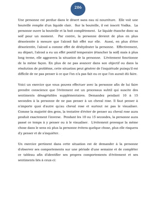 206
Une personne est perdue dans le désert sans eau ni nourriture. Elle voit une
bouteille remplie d'un liquide clair. Sur la bouteille, il est inscrit Vodka. La
personne ouvre la bouteille et la boit complètement. Le liquide étanche donc sa
soif pour un moment. Par contre, la personne devient de plus en plus
désorientée à mesure que l'alcool fait effet sur elle. Aussi, en plus d'être
désorientée, l'alcool a comme effet de déshydrater la personne. Effectivement,
au départ, l'alcool a eu un effet positif temporaire (étancher la soif) mais à plus
long terme, elle aggravera la situation de la personne. L'évitement fonctionne
de la même façon. En plus de ne pas avancer dans son objectif ou dans la
résolution de problème, cette situation peut générer de l'inquiétude puisqu'il est
difficile de ne pas penser à ce que l’on n’a pas fait ou ce que l'on aurait dû faire.
Voici un exercice que vous pouvez effectuer avec la personne afin de lui faire
prendre conscience que l'évitement est un processus subtil qui suscite des
sentiments désagréables supplémentaires. Demandez pendant 10 à 15
secondes à la personne de ne pas penser à un cheval rose. Il faut penser à
n'importe quoi d'autre qu'au cheval rose et surtout ne pas le visualiser.
Comme la majorité des gens, la tentative d'éviter de penser au cheval rose aura
produit exactement l'inverse. Pendant les 10 ou 15 secondes, la personne aura
passé ce temps à y penser ou à le visualiser. L'évitement provoque la même
chose dans le sens où plus la personne évitera quelque chose, plus elle risquera
d'y penser et de s'inquiéter.
Un exercice pertinent dans cette situation est de demander à la personne
d'observer ses comportements sur une période d'une semaine et de compléter
ce tableau afin d'identifier ses propres comportements d'évitement et ses
sentiments liés à ceux-ci:
 