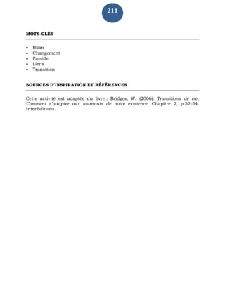 211
MOTS-CLÉS
 Bilan
 Changement
 Famille
 Liens
 Transition
SOURCES D’INSPIRATION ET RÉFÉRENCES
Cette activité est adaptée du livre : Bridges, W. (2006). Transitions de vie.
Comment s’adapter aux tournants de notre existence. Chapitre 2, p.52-54.
InterEditions.
 