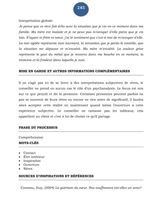 245
Interprétation globale:
Je pense que ce rêve fait écho avec la situation que je vis en ce moment dans ma
famille. Ma mère est malade et je ne peux pas m’occuper d’elle parce que je vis
loin. N’ayant ni frère ni sœur, j’ai le sentiment que c’est à moi de m’occuper d’elle.
La mer agitée représente mon tourment, la sensation que je perds le contrôle, que
la situation me dépasse et m’envahit. Ma mère m’envahit. La couleur grise
représente le gout du métal que je ressens dans ma bouche en ce moment, la
tristesse et la froideur dans laquelle je suis.
MISE EN GARDE ET AUTRES INFORMATIONS COMPLÉMENTAIRES
Il ne s’agit pas ici de se livrer à des interprétations subjectives de rêves, le
conseiller ne prend en aucun cas le rôle d’un psychanalyste. Le focus est mis
sur ce que perçoit et dit la personne. Certaines personnes peuvent parfois ne
pas se souvenir de leurs rêves ou encore ne rien noter de significatif, il faudra
alors accepter cette réalité en maintenant quand même l’ouverture à cette
expérience subjective. Le conseiller ne ramasse pas les tableaux, cela
appartient au client et c’est à lui de choisir ce qu’il partage.
PHASE DU PROCESSUS
Compréhension
MOTS-CLÉS
 Contact
 Être intérieur
 Inspiration
 Ouverture
 Rêves
SOURCES D’INSPIRATIONS ET RÉFÉRENCES
Corneau, Guy, (2004) La guérison du cœur. Nos souffrances ont-elles un sens?
 