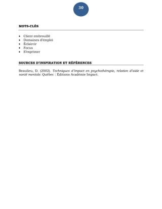 30
MOTS-CLÉS
 Client embrouillé
 Domaines d’emploi
 Éclaircir
 Focus
 S’exprimer
SOURCES D’INSPIRATION ET RÉFÉRENCES
Beaulieu, D. (2002). Techniques d’impact en psychothérapie, relation d’aide et
santé mentale. Québec : Éditions Académie Impact.
 