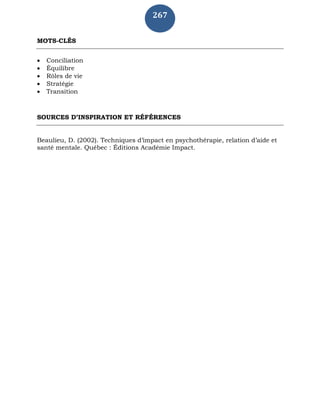 267
MOTS-CLÉS
 Conciliation
 Équilibre
 Rôles de vie
 Stratégie
 Transition
SOURCES D’INSPIRATION ET RÉFÉRENCES
Beaulieu, D. (2002). Techniques d’impact en psychothérapie, relation d’aide et
santé mentale. Québec : Éditions Académie Impact.
 