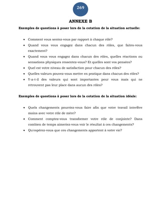 269
ANNEXE B
Exemples de questions à poser lors de la cotation de la situation actuelle:
 Comment vous sentez-vous par rapport à chaque rôle?
 Quand vous vous engagez dans chacun des rôles, que faites-vous
exactement?
 Quand vous vous engagez dans chacun des rôles, quelles réactions ou
sensations physiques ressentez-vous? Et quelles sont vos pensées?
 Quel est votre niveau de satisfaction pour chacun des rôles?
 Quelles valeurs pouvez-vous mettre en pratique dans chacun des rôles?
 Y-a-t-il des valeurs qui sont importantes pour vous mais qui ne
retrouvent pas leur place dans aucun des rôles?
Exemples de questions à poser lors de la cotation de la situation idéale:
 Quels changements pourriez-vous faire afin que votre travail interfère
moins avec votre rôle de mère?
 Comment comptez-vous transformer votre rôle de conjointe? Dans
combien de temps aimeriez-vous voir le résultat à ces changements?
 Qu'espérez-vous que ces changements apportent à votre vie?
 