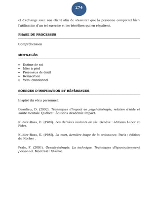 274
et d’échange avec son client afin de s’assurer que la personne comprend bien
l’utilisation d’un tel exercice et les bénéfices qui en résultent.
PHASE DU PROCESSUS
Compréhension
MOTS-CLÉS
 Estime de soi
 Mise à pied
 Processus de deuil
 Réinsertion
 Vécu émotionnel
SOURCES D’INSPIRATION ET RÉFÉRENCES
Inspiré du vécu personnel.
Beaulieu, D. (2002). Techniques d’impact en psychothérapie, relation d’aide et
santé mentale. Québec : Éditions Académie Impact.
Kubler-Ross, E. (1985). Les derniers instants de vie. Genève : éditions Labor et
Fides.
Kubler-Ross, E. (1985). La mort, dernière étape de la croissance. Paris : édition
du Rocher .
Perls, F. (2001). Gestalt-thérapie. La technique. Techniques d’épanouissement
personnel. Montréal : Stanké.
 