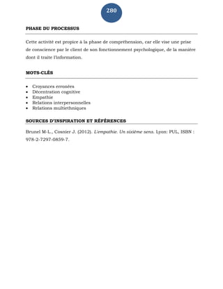 280
PHASE DU PROCESSUS
Cette activité est propice à la phase de compréhension, car elle vise une prise
de conscience par le client de son fonctionnement psychologique, de la manière
dont il traite l’information.
MOTS-CLÉS
 Croyances erronées
 Décentration cognitive
 Empathie
 Relations interpersonnelles
 Relations multiethniques
SOURCES D’INSPIRATION ET RÉFÉRENCES
Brunel M-L., Cosnier J. (2012). L'empathie. Un sixième sens. Lyon: PUL, ISBN :
978-2-7297-0859-7.
 