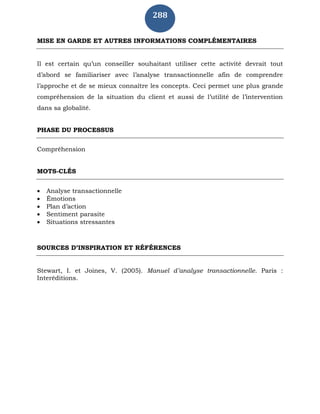 288
MISE EN GARDE ET AUTRES INFORMATIONS COMPLÉMENTAIRES
Il est certain qu’un conseiller souhaitant utiliser cette activité devrait tout
d’abord se familiariser avec l’analyse transactionnelle afin de comprendre
l’approche et de se mieux connaître les concepts. Ceci permet une plus grande
compréhension de la situation du client et aussi de l’utilité de l’intervention
dans sa globalité.
PHASE DU PROCESSUS
Compréhension
MOTS-CLÉS
 Analyse transactionnelle
 Émotions
 Plan d’action
 Sentiment parasite
 Situations stressantes
SOURCES D’INSPIRATION ET RÉFÉRENCES
Stewart, I. et Joines, V. (2005). Manuel d’analyse transactionnelle. Paris :
Interéditions.
 