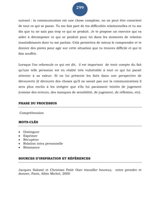 299
suivant : la communication est une chose complexe, on ne peut être conscient
de tout ce qui se passe. Tu me fais part de tes difficultés relationnelles et tu me
dis que tu ne sais pas trop ce qui se produit. Je te propose un exercice qui va
aider à décomposer ce qui se produit pour toi dans les moments de relation
insatisfaisants dont tu me parlais. Cela permettra de mieux le comprendre et te
donner des pistes pour agir sur cette situation que tu trouves difficile et qui te
fais souffrir.
Lorsque l’on reformule ce qui est dit, il est important de tenir compte du fait
qu’une telle personne est en réalité très vulnérable à tout ce qui lui paraît
attenter à sa valeur. Si on lui présente les faits dans une perspective de
découverte (il découvre des choses qu’il ne savait pas sur la communication) il
sera plus enclin à les intégrer que s’ils lui paraissent teintés de jugement
(comme des erreurs, des manques de sensibilité, de jugement, de réflexion, etc).
PHASE DU PROCESSUS
Compréhension
MOTS-CLÉS
 Distinguer
 Exprimer
 Récupérer
 Relation intra personnelle
 Résonance
SOURCES D’INSPIRATION ET RÉFÉRENCES
Jacques Salomé et Christian Potié Oser travailler heureux, entre prendre et
donner, Paris, Albin Michel, 2000
 