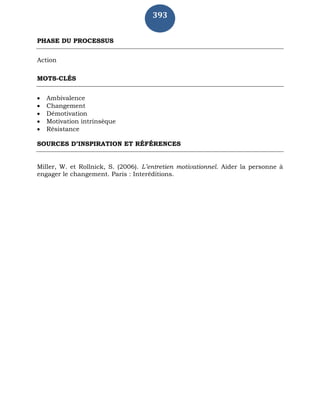 393
PHASE DU PROCESSUS
Action
MOTS-CLÉS
 Ambivalence
 Changement
 Démotivation
 Motivation intrinsèque
 Résistance
SOURCES D’INSPIRATION ET RÉFÉRENCES
Miller, W. et Rollnick, S. (2006). L’entretien motivationnel. Aider la personne à
engager le changement. Paris : Interéditions.
 