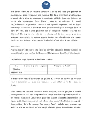 395
une forme atténuée de trouble bipolaire. Elle ne souhaite pas prendre de
médicaments pour régulariser son humeur. Elle lui a cependant avoué que par
le passé, elle a vécu un parcours professionnel difficile. Dans ses épisodes de
manie, elle embarquait dans divers projets et se rajoutait du travail
supplémentaire. Cependant, rendue à un épisode dépressif, elle se voyait
surchargée de choses à effectuer alors qu’elle n’avait plus d’énergie pour les
faire. De plus, elle a vécu plusieurs cas de congé de maladie lié à un état
dépressif. Elle a peur que cela se reproduise, soit de trop en accepter et se
retrouver surchargée ou encore qu’elle finisse par abandonner son nouvel
emploi ou son nouveau programme d’études lors d’une période plus difficile.
Procédure :
Vincent sait que le succès du choix de carrière d’Isabelle dépend aussi de sa
capacité à gérer son trouble de l’humeur. Il lui propose donc l’activité suivante.
La première étape consiste à remplir ce tableau:
État Comment je me comporte Que puis-je faire?
Déprime
Hyperactivité
Il demande de remplir la colonne de gauche du tableau en activité de réflexion
pour la prochaine rencontre et de commencer une réflexion sur la colonne de
droite.
Dans la colonne intitulée Comment je me comporte, Vincent propose à Isabelle
d’indiquer quels sont ses comportements lorsqu’elle vit un épisode dépressif ou
un épisode maniaque. Cela servira plus tard à aider sa cliente à reconnaître les
signes qui indiquent dans quel état elle se situe lorsqu’elle effectuera son projet
d’orientation. Dans la colonne Que puis-je faire?, Isabelle doit amorcer une
réflexion sur les habitudes qu’elle a déjà mises en place pour contrer son état.
 