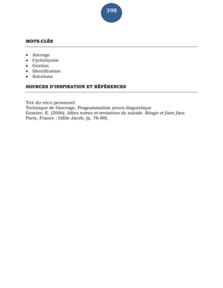398
MOTS-CLÉS
 Ancrage
 Cyclothymie
 Gestion
 Identification
 Solutions
SOURCES D’INSPIRATION ET RÉFÉRENCES
Tiré du vécu personnel
Technique de l’ancrage, Programmation neuro-linguistique
Granier, E. (2006). Idées noires et tentatives de suicide. Réagir et faire face.
Paris, France : Odile Jacob, (p. 76-80).
 