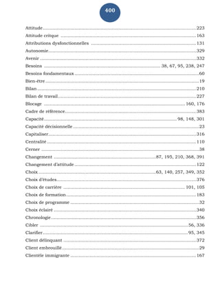 400
Attitude...............................................................................................................223
Attitude critque ..................................................................................................163
Attributions dysfonctionnelles ............................................................................131
Autonomie...........................................................................................................329
Avenir .................................................................................................................332
Besoins .................................................................................... 38, 67, 95, 238, 247
Besoins fondamentaux ..........................................................................................60
Bien-être ...............................................................................................................19
Bilan ...................................................................................................................210
Bilan de travail....................................................................................................227
Blocage ...................................................................................................... 160, 176
Cadre de référence...............................................................................................383
Capacité................................................................................................ 98, 148, 301
Capacité décisionnelle ...........................................................................................23
Capitaliser...........................................................................................................316
Centralité ............................................................................................................110
Cerner ..................................................................................................................38
Changement ..........................................................................87, 195, 210, 368, 391
Changement d’attitude ........................................................................................122
Choix .....................................................................................63, 140, 257, 349, 352
Choix d’études.....................................................................................................376
Choix de carrière ........................................................................................ 101, 105
Choix de formation..............................................................................................183
Choix de programme .............................................................................................32
Choix éclairé .......................................................................................................340
Chronologie.........................................................................................................356
Cibler ........................................................................................................... 56, 336
Clarifier......................................................................................................... 95, 345
Client délinquant ................................................................................................372
Client embrouillé...................................................................................................29
Clientèle immigrante ...........................................................................................167
 