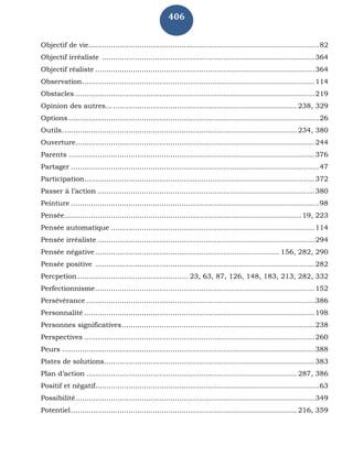 406
Objectif de vie........................................................................................................82
Objectif irréaliste ................................................................................................364
Objectif réaliste ...................................................................................................364
Observation.........................................................................................................114
Obstacles ............................................................................................................219
Opinion des autres...................................................................................... 238, 329
Options .................................................................................................................26
Outils.......................................................................................................... 234, 380
Ouverture............................................................................................................244
Parents ...............................................................................................................376
Partager ................................................................................................................47
Participation........................................................................................................372
Passer à l’action ..................................................................................................380
Peinture ................................................................................................................98
Pensée........................................................................................................... 19, 223
Pensée automatique ............................................................................................114
Pensée irréaliste ..................................................................................................294
Pensée négative ................................................................................... 156, 282, 290
Pensée positive ...................................................................................................282
Percpetion .................................................. 23, 63, 87, 126, 148, 183, 213, 282, 332
Perfectionnisme...................................................................................................152
Persévérance .......................................................................................................386
Personnalité ........................................................................................................198
Personnes significatives.......................................................................................238
Perspectives ........................................................................................................260
Peurs ..................................................................................................................388
Pistes de solutions...............................................................................................383
Plan d’action ............................................................................................... 287, 386
Positif et négatif.....................................................................................................63
Possibilité............................................................................................................349
Potentiel...................................................................................................... 216, 359
 