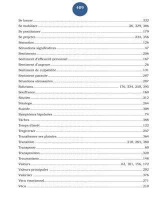 409
Se lancer.............................................................................................................332
Se mobiliser .......................................................................................... 26, 329, 386
Se positionner .....................................................................................................179
Se projeter................................................................................................... 234, 356
Sensation............................................................................................................126
Sensations significatives........................................................................................47
Sentiments..........................................................................................................206
Sentiment d’efficacité personnel ..........................................................................167
Sentiment d’urgence..............................................................................................26
Sentiment de culpabilité......................................................................................131
Sentiment parasite ..............................................................................................287
Situations stressantes .........................................................................................287
Solutions..................................................................................... 176, 234, 250, 395
Souffrance...........................................................................................................160
Soutien ...............................................................................................................312
Stratégie..............................................................................................................264
Suicide................................................................................................................308
Symptômes bipolaires ...........................................................................................74
Tâches ...............................................................................................................388
Temps d’arrêt ......................................................................................................122
Tergiverser ..........................................................................................................247
Transformer ses plaintes .....................................................................................364
Transition ........................................................................................... 210, 264, 380
Transposer............................................................................................................60
Transposition ......................................................................................................320
Traumatisme.......................................................................................................148
Valeurs ......................................................................................... 63, 101, 156, 172
Valeurs principales .............................................................................................202
Valoriser .............................................................................................................376
Vécu émotionnel..................................................................................................271
Vécu ...................................................................................................................219
 