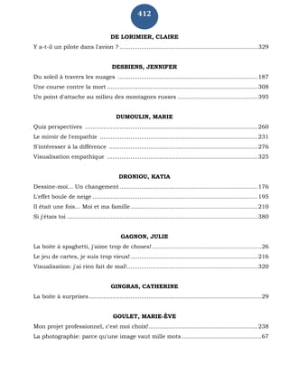412
DE LORIMIER, CLAIRE
Y a-t-il un pilote dans l'avion ? ............................................................................329
DESBIENS, JENNIFER
Du soleil à travers les nuages .............................................................................187
Une course contre la mort ...................................................................................308
Un point d'attache au milieu des montagnes russes ............................................395
DUMOULIN, MARIE
Quiz perspectives ...............................................................................................260
Le miroir de l'empathie .......................................................................................231
S'intéresser à la différence ..................................................................................276
Visualisation empathique ...................................................................................325
DRONIOU, KATIA
Dessine-moi... Un changement ............................................................................176
L'effet boule de neige ...........................................................................................195
Il était une fois... Moi et ma famille......................................................................210
Si j'étais toi .........................................................................................................380
GAGNON, JULIE
La boite à spaghetti, j'aime trop de choses! ............................................................26
Le jeu de cartes, je suis trop vieux!......................................................................216
Visualisation: j'ai rien fait de mal!........................................................................320
GINGRAS, CATHERINE
La boite à surprises...............................................................................................29
GOULET, MARIE-ÈVE
Mon projet professionnel, c'est moi choix!............................................................238
La photographie: parce qu'une image vaut mille mots............................................67
 