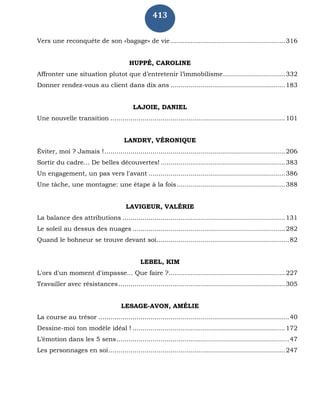 413
Vers une reconquête de son «bagage» de vie .........................................................316
HUPPÉ, CAROLINE
Affronter une situation plutot que d’entretenir l’immobilisme...............................332
Donner rendez-vous au client dans dix ans .........................................................183
LAJOIE, DANIEL
Une nouvelle transition .......................................................................................101
LANDRY, VÉRONIQUE
Éviter, moi ? Jamais !..........................................................................................206
Sortir du cadre... De belles découvertes! ..............................................................383
Un engagement, un pas vers l'avant ....................................................................386
Une tâche, une montagne: une étape à la fois......................................................388
LAVIGEUR, VALÉRIE
La balance des attributions .................................................................................131
Le soleil au dessus des nuages ............................................................................282
Quand le bohneur se trouve devant soi..................................................................82
LEBEL, KIM
L'ors d'un moment d'impasse... Que faire ?..........................................................227
Travailler avec résistances...................................................................................305
LESAGE-AVON, AMÉLIE
La course au trésor ...............................................................................................40
Dessine-moi ton modèle idéal ! ............................................................................172
L’émotion dans les 5 sens......................................................................................47
Les personnages en soi........................................................................................247
 