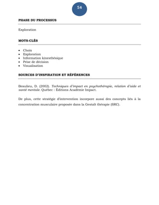 54
PHASE DU PROCESSUS
Exploration
MOTS-CLÉS
 Choix
 Exploration
 Information kinesthésique
 Prise de décision
 Visualisation
SOURCES D’INSPIRATION ET RÉFÉRENCES
Beaulieu, D. (2002). Techniques d’impact en psychothérapie, relation d’aide et
santé mentale. Québec : Éditions Académie Impact.
De plus, cette stratégie d’intervention incorpore aussi des concepts liés à la
concentration musculaire proposée dans la Gestalt thérapie (SRC).
 