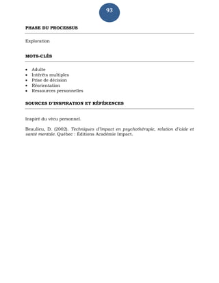 93
PHASE DU PROCESSUS
Exploration
MOTS-CLÉS
 Adulte
 Intérêts multiples
 Prise de décision
 Réorientation
 Ressources personnelles
SOURCES D’INSPIRATION ET RÉFÉRENCES
Inspiré du vécu personnel.
Beaulieu, D. (2002). Techniques d’impact en psychothérapie, relation d’aide et
santé mentale. Québec : Éditions Académie Impact.
 