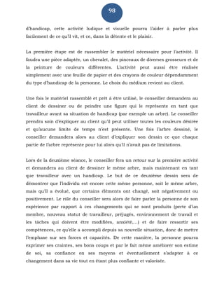98
d’handicap, cette activité ludique et visuelle pourra l’aider à parler plus
facilement de ce qu’il vit, et ce, dans la détente et le plaisir.
La première étape est de rassembler le matériel nécessaire pour l’activité. Il
faudra une pièce adaptée, un chevalet, des pinceaux de diverses grosseurs et de
la peinture de couleurs différentes. L’activité peut aussi être réalisée
simplement avec une feuille de papier et des crayons de couleur dépendamment
du type d’handicap de la personne. Le choix du médium revient au client.
Une fois le matériel rassemblé et prêt à être utilisé, le conseiller demandera au
client de dessiner ou de peindre une figure qui le représente en tant que
travailleur avant sa situation de handicap (par exemple un arbre). Le conseiller
prendra soin d’expliquer au client qu’il peut utiliser toutes les couleurs désirée
et qu’aucune limite de temps n’est présente. Une fois l’arbre dessiné, le
conseiller demandera alors au client d’expliquer son dessin ce que chaque
partie de l’arbre représente pour lui alors qu’il n’avait pas de limitations.
Lors de la deuxième séance, le conseiller fera un retour sur la première activité
et demandera au client de dessiner le même arbre, mais maintenant en tant
que travailleur avec un handicap. Le but de ce deuxième dessin sera de
démontrer que l’individu est encore cette même personne, soit le même arbre,
mais qu’il a évolué, que certains éléments ont changé, soit négativement ou
positivement. Le rôle du conseiller sera alors de faire parler la personne de son
expérience par rapport à ces changements qui se sont produits (perte d’un
membre, nouveau statut de travailleur, préjugés, environnement de travail et
les tâches qui doivent être modifiées, anxiété,…) et de faire ressortir ses
compétences, ce qu’elle a accompli depuis sa nouvelle situation, donc de mettre
l’emphase sur ses forces et capacités. De cette manière, la personne pourra
exprimer ses craintes, ses bons coups et par le fait même améliorer son estime
de soi, sa confiance en ses moyens et éventuellement s’adapter à ce
changement dans sa vie tout en étant plus confiante et valorisée.
 