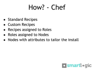How? - Chef
● Standard Recipes
● Custom Recipes
● Recipes assigned to Roles
● Roles assigned to Nodes
● Nodes with attribu...