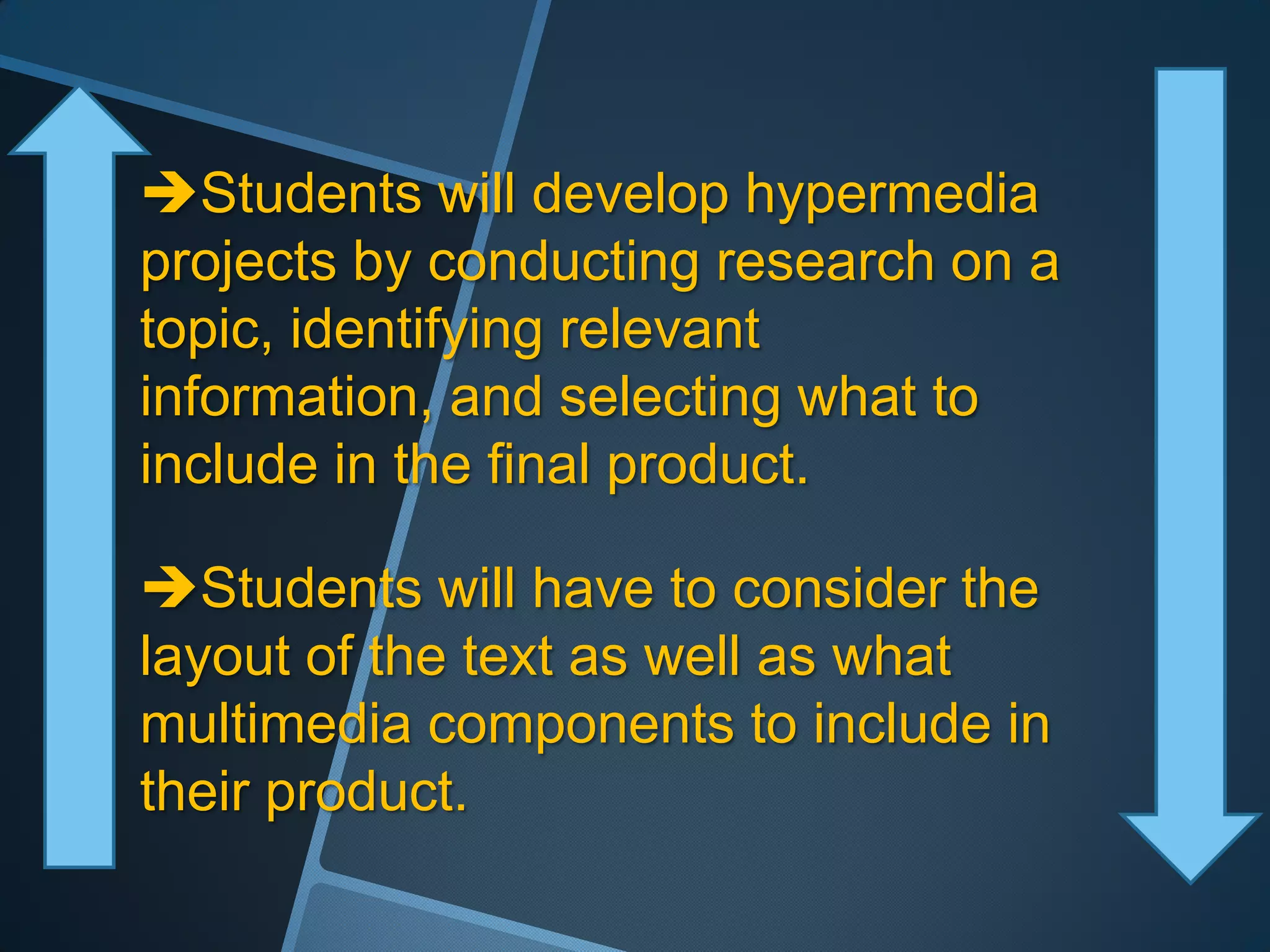 Students will develop hypermedia
projects by conducting research on a
topic, identifying relevant
information, and selecting what to
include in the final product.

Students will have to consider the
layout of the text as well as what
multimedia components to include in
their product.
 