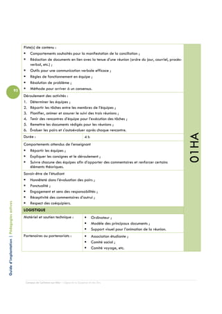 Piste(s) de contenu :
                                                     Comportements souhaités pour la manifestation de la conciliation ;
                                                     Rédaction de documents en lien avec la tenue d’une réunion (ordre du jour, courriel, procès-
                                                     verbal, etc.) ;
                                                     Outils pour une communication verbale efficace ;
                                                     Règles de fonctionnement en équipe ;
                                                     Résolution de problème ;
                                            92       Méthode pour arriver à un consensus.
                                                 Déroulement des activités :
                                                 1. Déterminer les équipes ;
                                                 2. Répartir les tâches entre les membres de l’équipes ;
                                                 3. Planifier, animer et assurer le suivi des trois réunions ;
                                                 4. Tenir des rencontres d’équipe pour l’exécution des tâches ;
                                                 5. Remettre les documents rédigés pour les réunions ;
                                                 6. Évaluer les pairs et s’autoévaluer après chaque rencontre.




                                                                                                                                                        01HA
                                                 Durée :                                         4h
                                                 Comportements attendus de l’enseignant
                                                    Répartir les équipes ;
                                                    Expliquer les consignes et le déroulement ;
                                                    Suivre chacune des équipes afin d’apporter des commentaires et renforcer certains
                                                    éléments théoriques.
                                                 Savoir-être de l’étudiant
                                                    Honnêteté dans l’évaluation des pairs ;
                                                    Ponctualité ;
                                                    Engagement et sens des responsabilités ;
                                                    Réceptivité des commentaires d’autrui ;
Guide d’implantation | Pédagogies actives




                                                    Respect des coéquipiers.
                                                 LOGISTIQUE
                                                 Matériel et soutien technique :                       Ordinateur ;
                                                                                                       Modèle des principaux documents ;
                                                                                                       Support visuel pour l’animation de la réunion.
                                                 Partenaires ou partenariats :                         Association étudiante ;
                                                                                                       Comité social ;
                                                                                                       Comité voyage, etc.




                                                  Campus de Carleton-sur-Mer – Cégep de la Gaspésie et des Îles
 
