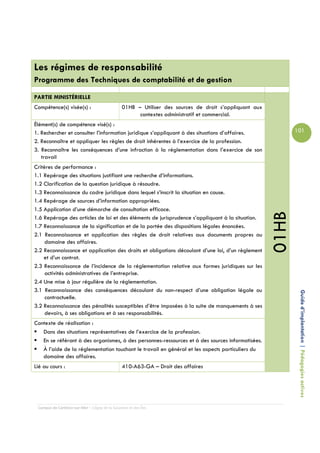 Les régimes de responsabilité
Programme des Techniques de comptabilité et de gestion

PARTIE MINISTÉRIELLE
Compétence(s) visée(s) :                        01HB – Utiliser des sources de droit s’appliquant aux
                                                      contextes administratif et commercial.
Élément(s) de compétence visé(s) :
1. Rechercher et consulter l’information juridique s’appliquant à des situations d’affaires.                   101
2. Reconnaître et appliquer les règles de droit inhérentes à l’exercice de la profession.
3. Reconnaître les conséquences d’une infraction à la réglementation dans l’exercice de son
   travail
Critères de performance :
1.1 Repérage des situations justifiant une recherche d’informations.
1.2 Clarification de la question juridique à résoudre.
1.3 Reconnaissance du cadre juridique dans lequel s’inscrit la situation en cause.
1.4 Repérage de sources d’information appropriées.
1.5 Application d’une démarche de consultation efficace.




                                                                                                        01HB
1.6 Repérage des articles de loi et des éléments de jurisprudence s’appliquant à la situation.
1.7 Reconnaissance de la signification et de la portée des dispositions légales énoncées.
2.1 Reconnaissance et application des règles de droit relatives aux documents propres au
     domaine des affaires.
2.2 Reconnaissance et application des droits et obligations découlant d’une loi, d’un règlement
    et d’un contrat.
2.3 Reconnaissance de l’incidence de la réglementation relative aux formes juridiques sur les
     activités administratives de l’entreprise.
2.4 Une mise à jour régulière de la réglementation.
3.1 Reconnaissance des conséquences découlant du non-respect d’une obligation légale ou
     contractuelle.                                                                                             Guide d’implantation | Pédagogies actives
3.2 Reconnaissance des pénalités susceptibles d’être imposées à la suite de manquements à ses
     devoirs, à ses obligations et à ses responsabilités.
Contexte de réalisation :
   Dans des situations représentatives de l’exercice de la profession.
   En se référant à des organismes, à des personnes-ressources et à des sources informatisées.
   À l’aide de la réglementation touchant le travail en général et les aspects particuliers du
   domaine des affaires.
Lié au cours :                                  410-A63-GA – Droit des affaires




 Campus de Carleton-sur-Mer – Cégep de la Gaspésie et des Îles
 