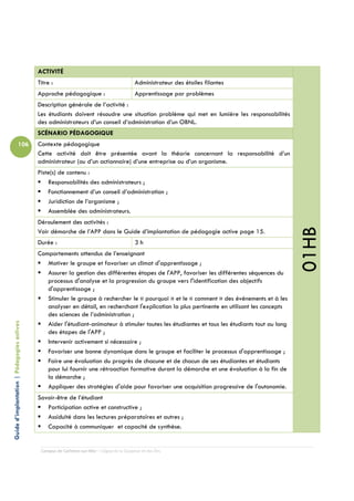 ACTIVITÉ
                                            Titre :                                         Administrateur des étoiles filantes
                                            Approche pédagogique :                          Apprentissage par problèmes
                                            Description générale de l’activité :
                                            Les étudiants doivent résoudre une situation problème qui met en lumière les responsabilités
                                            des administrateurs d’un conseil d’administration d’un OBNL.
                                            SCÉNARIO PÉDAGOGIQUE
                          106               Contexte pédagogique
                                            Cette activité doit être présentée avant la théorie concernant la responsabilité d’un
                                            administrateur (ou d’un actionnaire) d’une entreprise ou d’un organisme.
                                            Piste(s) de contenu :
                                                Responsabilités des administrateurs ;
                                                Fonctionnement d’un conseil d’administration ;
                                                Juridiction de l’organisme ;
                                                Assemblée des administrateurs.
                                            Déroulement des activités :




                                                                                                                                                01HB
                                            Voir démarche de l’APP dans le Guide d’implantation de pédagogie active page 15.
                                            Durée :                                         3h
                                            Comportements attendus de l’enseignant
                                               Motiver le groupe et favoriser un climat d'apprentissage ;
                                               Assurer la gestion des différentes étapes de l'APP, favoriser les différentes séquences du
                                               processus d'analyse et la progression du groupe vers l'identification des objectifs
                                               d'apprentissage ;
                                               Stimuler le groupe à rechercher le « pourquoi » et le « comment » des événements et à les
                                               analyser en détail, en recherchant l'explication la plus pertinente en utilisant les concepts
                                               des sciences de l’administration ;
Guide d’implantation | Pédagogies actives




                                               Aider l'étudiant-animateur à stimuler toutes les étudiantes et tous les étudiants tout au long
                                               des étapes de l'APP ;
                                               Intervenir activement si nécessaire ;
                                               Favoriser une bonne dynamique dans le groupe et faciliter le processus d'apprentissage ;
                                               Faire une évaluation du progrès de chacune et de chacun de ses étudiantes et étudiants
                                               pour lui fournir une rétroaction formative durant la démarche et une évaluation à la fin de
                                               la démarche ;
                                               Appliquer des stratégies d'aide pour favoriser une acquisition progressive de l'autonomie.
                                            Savoir-être de l’étudiant
                                               Participation active et constructive ;
                                               Assiduité dans les lectures préparatoires et autres ;
                                               Capacité à communiquer et capacité de synthèse.


                                             Campus de Carleton-sur-Mer – Cégep de la Gaspésie et des Îles
 