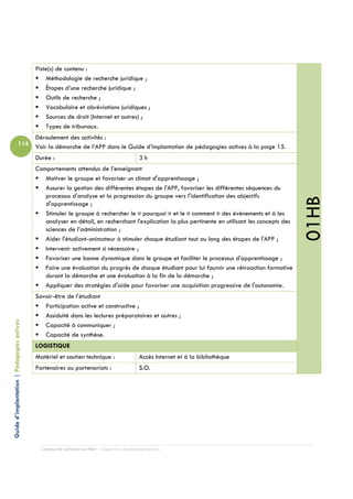 Piste(s) de contenu :
                                                Méthodologie de recherche juridique ;
                                                Étapes d’une recherche juridique ;
                                                Outils de recherche ;
                                                Vocabulaire et abréviations juridiques ;
                                                Sources de droit (Internet et autres) ;
                                                Types de tribunaux.
                                            Déroulement des activités :
                          114               Voir la démarche de l’APP dans le Guide d’implantation de pédagogies actives à la page 15.
                                            Durée :                                             3h
                                            Comportements attendus de l’enseignant
                                               Motiver le groupe et favoriser un climat d'apprentissage ;
                                               Assurer la gestion des différentes étapes de l'APP, favoriser les différentes séquences du
                                               processus d'analyse et la progression du groupe vers l'identification des objectifs




                                                                                                                                                   01HB
                                               d'apprentissage ;
                                               Stimuler le groupe à rechercher le « pourquoi » et le « comment » des événements et à les
                                               analyser en détail, en recherchant l'explication la plus pertinente en utilisant les concepts des
                                               sciences de l’administration ;
                                               Aider l'étudiant-animateur à stimuler chaque étudiant tout au long des étapes de l'APP ;
                                               Intervenir activement si nécessaire ;
                                               Favoriser une bonne dynamique dans le groupe et faciliter le processus d'apprentissage ;
                                               Faire une évaluation du progrès de chaque étudiant pour lui fournir une rétroaction formative
                                               durant la démarche et une évaluation à la fin de la démarche ;
                                               Appliquer des stratégies d'aide pour favoriser une acquisition progressive de l'autonomie.
                                            Savoir-être de l’étudiant
                                               Participation active et constructive ;
                                               Assiduité dans les lectures préparatoires et autres ;
Guide d’implantation | Pédagogies actives




                                               Capacité à communiquer ;
                                               Capacité de synthèse.
                                            LOGISTIQUE
                                            Matériel et soutien technique :                     Accès Internet et à la bibliothèque
                                            Partenaires ou partenariats :                       S.O.




                                              Campus de Carleton-sur-Mer – Cégep de la Gaspésie et des Îles
 