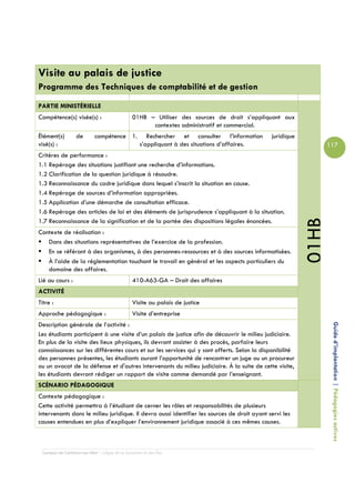 Visite au palais de justice
Programme des Techniques de comptabilité et de gestion

PARTIE MINISTÉRIELLE
Compétence(s) visée(s) :                      01HB – Utiliser des sources de droit s’appliquant aux
                                                    contextes administratif et commercial.
Élément(s)        de       compétence 1.             Rechercher et consulter l’information    juridique
visé(s) :                                         s’appliquant à des situations d’affaires.                      117
Critères de performance :
1.1 Repérage des situations justifiant une recherche d’informations.
1.2 Clarification de la question juridique à résoudre.
1.3 Reconnaissance du cadre juridique dans lequel s’inscrit la situation en cause.
1.4 Repérage de sources d’information appropriées.
1.5 Application d’une démarche de consultation efficace.
1.6 Repérage des articles de loi et des éléments de jurisprudence s’appliquant à la situation.




                                                                                                          01HB
1.7 Reconnaissance de la signification et de la portée des dispositions légales énoncées.
Contexte de réalisation :
   Dans des situations représentatives de l’exercice de la profession.
   En se référant à des organismes, à des personnes-ressources et à des sources informatisées.
   À l’aide de la réglementation touchant le travail en général et les aspects particuliers du
   domaine des affaires.
Lié au cours :                                410-A63-GA – Droit des affaires
ACTIVITÉ
Titre :                                       Visite au palais de justice
Approche pédagogique :                        Visite d’entreprise
Description générale de l’activité :
Les étudiants participent à une visite d’un palais de justice afin de découvrir le milieu judiciaire.             Guide d’implantation | Pédagogies actives
En plus de la visite des lieux physiques, ils devront assister à des procès, parfaire leurs
connaissances sur les différentes cours et sur les services qui y sont offerts. Selon la disponibilité
des personnes présentes, les étudiants auront l’opportunité de rencontrer un juge ou un procureur
ou un avocat de la défense et d'autres intervenants du milieu judiciaire. À la suite de cette visite,
les étudiants devront rédiger un rapport de visite comme demandé par l’enseignant.
SCÉNARIO PÉDAGOGIQUE
Contexte pédagogique :
Cette activité permettra à l’étudiant de cerner les rôles et responsabilités de plusieurs
intervenants dans le milieu juridique. Il devra aussi identifier les sources de droit ayant servi les
causes entendues en plus d’expliquer l’environnement juridique associé à ces mêmes causes.



 Campus de Carleton-sur-Mer – Cégep de la Gaspésie et des Îles
 