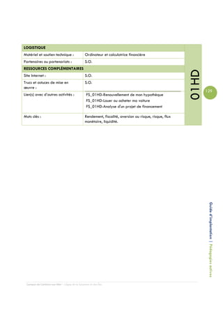 LOGISTIQUE
Matériel et soutien technique :                 Ordinateur et calculatrice financière
Partenaires ou partenariats :                   S.O.
RESSOURCES COMPLÉMENTAIRES




                                                                                                         01HD
Site Internet :                                 S.O.
Trucs et astuces de mise en                     S.O.
œuvre :
                                                                                                                129
Lien(s) avec d’autres activités :                FS_01HD-Renouvellement de mon hypothèque
                                                 FS_01HD-Louer ou acheter ma voiture
                                                 FS_01HD-Analyse d'un projet de financement

Mots clés :                                     Rendement, fiscalité, aversion au risque, risque, flux
                                                monétaire, liquidité.




                                                                                                                 Guide d’implantation | Pédagogies actives




 Campus de Carleton-sur-Mer – Cégep de la Gaspésie et des Îles
 