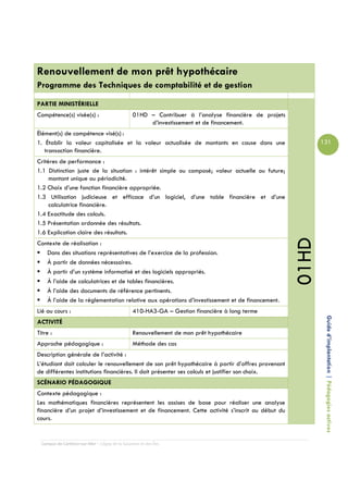 Renouvellement de mon prêt hypothécaire
Programme des Techniques de comptabilité et de gestion

PARTIE MINISTÉRIELLE
Compétence(s) visée(s) :                         01HD – Contribuer à l’analyse financière de projets
                                                      d’investissement et de financement.
Élément(s) de compétence visé(s) :
1. Établir la valeur capitalisée et la valeur actualisée de montants en cause dans une                        131
   transaction financière.
Critères de performance :
1.1 Distinction juste de la situation : intérêt simple ou composé; valeur actuelle ou future;
     montant unique ou périodicité.
1.2 Choix d’une fonction financière appropriée.
1.3 Utilisation judicieuse et efficace d’un logiciel, d’une table financière et d’une
     calculatrice financière.
1.4 Exactitude des calculs.
1.5 Présentation ordonnée des résultats.
1.6 Explication claire des résultats.




                                                                                                       01HD
Contexte de réalisation :
   Dans des situations représentatives de l’exercice de la profession.
   À partir de données nécessaires.
   À partir d’un système informatisé et des logiciels appropriés.
   À l’aide de calculatrices et de tables financières.
   À l’aide des documents de référence pertinents.
   À l’aide de la réglementation relative aux opérations d’investissement et de financement.
Lié au cours :                                   410-HA3-GA – Gestion financière à long terme

                                                                                                               Guide d’implantation | Pédagogies actives
ACTIVITÉ
Titre :                                          Renouvellement de mon prêt hypothécaire
Approche pédagogique :                           Méthode des cas
Description générale de l’activité :
L’étudiant doit calculer le renouvellement de son prêt hypothécaire à partir d’offres provenant
de différentes institutions financières. Il doit présenter ses calculs et justifier son choix.
SCÉNARIO PÉDAGOGIQUE
Contexte pédagogique :
Les mathématiques financières représentent les assises de base pour réaliser une analyse
financière d’un projet d’investissement et de financement. Cette activité s’inscrit au début du
cours.


  Campus de Carleton-sur-Mer – Cégep de la Gaspésie et des Îles
 