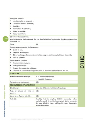 Piste(s) de contenu :
                                                Intérêts simples et composés ;
                                                Conversion de taux d’intérêt ;
                                                Annuités ;
                                                Fin et début de période ;
                                                Valeur actualisée ;
                                                Valeur capitalisée.
                                            Déroulement des activités :
                          132
                                            Voir la démarche de la méthode des cas dans le Guide d’implantation de pédagogies actives
                                            à la page 16.
                                            Durée :                                         3h
                                            Comportements attendus de l’enseignant
                                               Choisir le cas ;
                                               Préparer le dialogue ;
                                               Gérer le dialogue (lancement, motivation, progrès, pertinence, logistique, résumés) ;




                                                                                                                                                         01HD
                                               Faire la synthèse.
                                            Savoir-être de l’étudiant
                                               Argumentation structurée ;
                                               Participation active ;
                                               Respect des propos des collègues ;
                                               Capable de reconsidérer sa position dans la démarche de la méthode des cas.
                                            LOGISTIQUE
                                            Matériel et soutien technique :                       Calculatrice financière ;
                                                                                                  Logiciels financiers.
                                            Partenaires ou partenariats :                   S.O.
                                            RESSOURCES COMPLÉMENTAIRES
Guide d’implantation | Pédagogies actives




                                            Site Internet :                                 Sites des différentes institutions financières
                                            Trucs et astuces de mise en S.O.
                                            œuvre :
                                            Lien(s) avec d’autres activités :               S.O.
                                            Mots clés :                                     Annuités, intérêts simples, intérêts composés, valeur
                                                                                            capitalisée, prêt hypothécaire, emprunt, dette, conversion
                                                                                            de taux d’intérêt, taux préférentiel, taux d’escompte,
                                                                                            termes, échéances.




                                             Campus de Carleton-sur-Mer – Cégep de la Gaspésie et des Îles
 