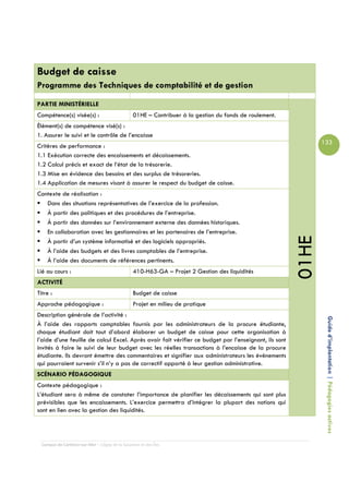 Budget de caisse
Programme des Techniques de comptabilité et de gestion

PARTIE MINISTÉRIELLE
Compétence(s) visée(s) :                         01HE – Contribuer à la gestion du fonds de roulement.
Élément(s) de compétence visé(s) :
1. Assurer le suivi et le contrôle de l’encaisse
                                                                                                                133
Critères de performance :
1.1 Exécution correcte des encaissements et décaissements.
1.2 Calcul précis et exact de l’état de la trésorerie.
1.3 Mise en évidence des besoins et des surplus de trésoreries.
1.4 Application de mesures visant à assurer le respect du budget de caisse.
Contexte de réalisation :
   Dans des situations représentatives de l’exercice de la profession.
   À partir des politiques et des procédures de l’entreprise.
   À partir des données sur l’environnement externe des données historiques.
   En collaboration avec les gestionnaires et les partenaires de l’entreprise.




                                                                                                         01HE
   À partir d’un système informatisé et des logiciels appropriés.
   À l’aide des budgets et des livres comptables de l’entreprise.
   À l’aide des documents de références pertinents.
Lié au cours :                                   410-H63-GA – Projet 2 Gestion des liquidités
ACTIVITÉ
Titre :                                          Budget de caisse
Approche pédagogique :                           Projet en milieu de pratique
Description générale de l’activité :
À l’aide des rapports comptables fournis par les administrateurs de la procure étudiante,                        Guide d’implantation | Pédagogies actives
chaque étudiant doit tout d’abord élaborer un budget de caisse pour cette organisation à
l’aide d’une feuille de calcul Excel. Après avoir fait vérifier ce budget par l’enseignant, ils sont
invités à faire le suivi de leur budget avec les réelles transactions à l’encaisse de la procure
étudiante. Ils devront émettre des commentaires et signifier aux administrateurs les événements
qui pourraient survenir s’il n’y a pas de correctif apporté à leur gestion administrative.
SCÉNARIO PÉDAGOGIQUE
Contexte pédagogique :
L’étudiant sera à même de constater l’importance de planifier les décaissements qui sont plus
prévisibles que les encaissements. L’exercice permettra d’intégrer la plupart des notions qui
sont en lien avec la gestion des liquidités.




  Campus de Carleton-sur-Mer – Cégep de la Gaspésie et des Îles
 