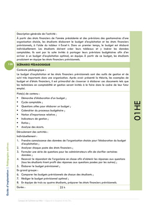 Description générale de l’activité :
                                            À partir des états financiers de l’année précédente et des prévisions des gestionnaires d’une
                                            organisation choisie, les étudiants élaborent le budget d’exploitation et les états financiers
                                            prévisionnels, à l’aide du tableur « Excel ». Dans un premier temps, le budget est élaboré
                                            individuellement. Les étudiants doivent créer leurs tableaux et y insérer les données
                                            comptables. Ils sont par la suite invités à partager leurs prévisions budgétaires afin d’en
                                            arriver à un budget d’exploitation optimal, en équipe. À partir de ce budget, les étudiants
                                            produisent en équipe les états financiers prévisionnels.
                          138               SCÉNARIO PÉDAGOGIQUE
                                            Contexte pédagogique :
                                            Le budget d’exploitation et les états financiers prévisionnels sont des outils de gestion et de
                                            suivi très importants dans une organisation. Après avoir présenté la théorie, les exemples de
                                            budget et d’états financiers, il est primordial de s’exercer à élaborer ces documents tels que
                                            les techniciens en comptabilité et gestion seront invités à le faire dans le cadre de leur futur
                                            emploi.
                                            Piste(s) de contenu :
                                                Démarche d’élaboration d’un budget ;




                                                                                                                                               01HE
                                                Cycle comptable ;
                                                Questions utiles pour élaborer un budget ;
                                                Calendrier du processus budgétaire ;
                                                Notion d’importance relative ;
                                                Indicateurs de gestion ;
                                                Ratios ;
                                                Analyse des écarts.
                                            Déroulement des activités :
                                            Individuellement :
                                            1. Prendre connaissance des données de l’organisation choisie pour l’élaboration du budget
                                                d’exploitation ;
Guide d’implantation | Pédagogies actives




                                            2. Analyser chaque poste des états financiers ;
                                            3. Formuler une série de questions pour les administrateurs afin de clarifier certaines
                                                données ;
                                            4. Recevoir le répondant de l’organisme en classe afin d’obtenir les réponses aux questions
                                                (tous les étudiants tirent profit des réponses aux questions posées par les autres) ;
                                            5. Élaborer le budget prévisionnel ;
                                            En grand groupe :
                                            6. Comparer les budgets prévisionnels de chacun des étudiants ;
                                            7. Rédiger le budget prévisionnel optimal ;
                                            8. En équipe de trois ou quatre étudiants, préparer les états financiers prévisionnels.
                                            Durée :                                         25 h



                                             Campus de Carleton-sur-Mer – Cégep de la Gaspésie et des Îles
 