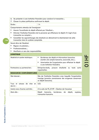 6. Se présenter à une institution financière pour conclure la transaction ;
                                            7. Classer la pièce justificative confirmant le dépôt.
                                            Durée :                                         1h
                                            Comportements attendus de l’enseignant
                                               Assurer l’exactitude du dépôt effectué par l’étudiant ;
                                               Informer l’institution financière de la personne qui effectuera le dépôt s’il s’agit d’une
                                               transaction au comptoir ;
                                               Consolider les apprentissages des étudiants en démontrant le cheminement de cette
                          146                  transaction dans le système comptable.
                                            Savoir-être de l’étudiant
                                               Rigueur et précision ;
                                               Professionnalisme ;
                                               Manifeste un sens des responsabilités.
                                            LOGISTIQUE




                                                                                                                                                            01HF
                                            Matériel et soutien technique :                       Bordereau de dépôt et informations bancaires
                                                                                                  (numéro de compte bancaire, succursale, etc.) ;
                                                                                                  Autorisation de l’organisation pour effectuer le dépôt
                                                                                                  à une institution financière.
                                            Partenaires ou partenariats :                   Entreprise-école, procure étudiante ou toute autre
                                                                                            organisation.
                                            RESSOURCES COMPLÉMENTAIRES
                                            Site Internet :                                 Site de l’institution financière avec laquelle l’organisation
                                                                                            transige (prendre connaissance des exigences concernant
                                                                                            un dépôt bancaire).
                                            Trucs et astuces de mise en S.O.
                                            œuvre :
                                            Lien(s) avec d’autres activités :               À la suite de FS_01HF – Gestion de l’encaisse
Guide d’implantation | Pédagogies actives




                                            Mots clés :                                     Dépôt bancaire, bordereau            de    dépôt,   espèces,
                                                                                            transaction bancaire.




                                             Campus de Carleton-sur-Mer – Cégep de la Gaspésie et des Îles
 