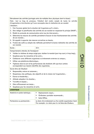 Déroulement des activités (partagés entre de multiples lieux physiques dont la classe) :
Note : tout au long du processus, l’étudiant doit rendre compte de toutes les activités
d’organisation et de direction qu’il aura accomplies dans la réalisation de son mandat.
L’étudiant :
1. Fais l’examen global de la situation de l’organisme qu’il a choisi ;
2. Dois rédiger la planification des activités de son mandat en respectant le principe SMART ;
3. Établis le protocole de communication entre tous les intervenants ;
4. Détermine les mesures de contrôle permettant d’assurer le bon fonctionnement des activités
    de son mandat ;                                                                                                 159
5. Est appelé à apporter des mesures correctives au besoin;
6. Produis des outils ou adapte des méthodes permettant la bonne réalisation des activités de
    son mandat.
Durée :                                         35 h
Comportements attendus de l’enseignant
   Valider le réalisme du temps exigé pour réaliser le mandat (pas trop court, ni trop long) ;




                                                                                                             01HG
   Souplesse pour les rencontres et les suivis ;
   Collaborer avec différents organismes ou événements externes au campus ;
   Utiliser une plateforme électronique ;
   Vigilance dans le suivi et les performances des étudiants afin que leurs actions
   correspondent aux besoins identifiés des organismes.
Savoir-être de l’étudiant
   Responsable, mature et autonome ;
   Respectueux des politiques, des objectifs et de la mission de l’organisation ;
   Exerce un leadership ;
   Attitude adaptée à la situation ;
   Travaille en équipe ;
   Gère efficacement son temps ;

                                                                                                                     Guide d’implantation | Pédagogies actives
   Souplesse pour les rencontres et suivis.
LOGISTIQUE
Matériel et soutien technique :                      Déplacements requis ;
                                                     Ordinateur portable recommandé ;
                                                     Suite Office.
Partenaires ou partenariats :                   Le choix d’un événement ou d’un comité organisateur local.
                                                Par exemple : Le relais pour la vie Baie-des-Chaleurs.




 Campus de Carleton-sur-Mer – Cégep de la Gaspésie et des Îles
 